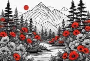 a forest of pine trees with one small poppy in front and the korean word for patience tattoo idea