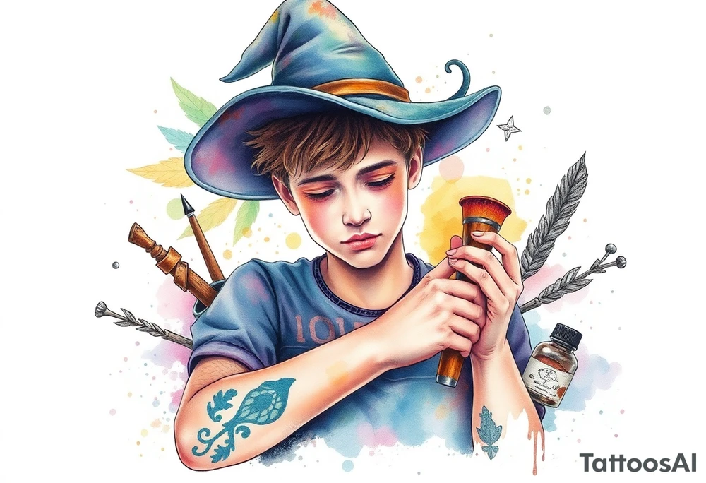 Young guy is exploring witch supplies, tools, equipment tattoo idea