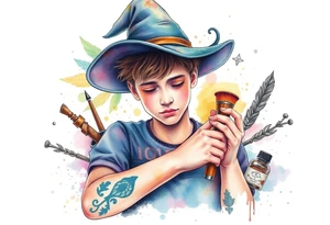 Young guy is exploring witch supplies, tools, equipment tattoo idea