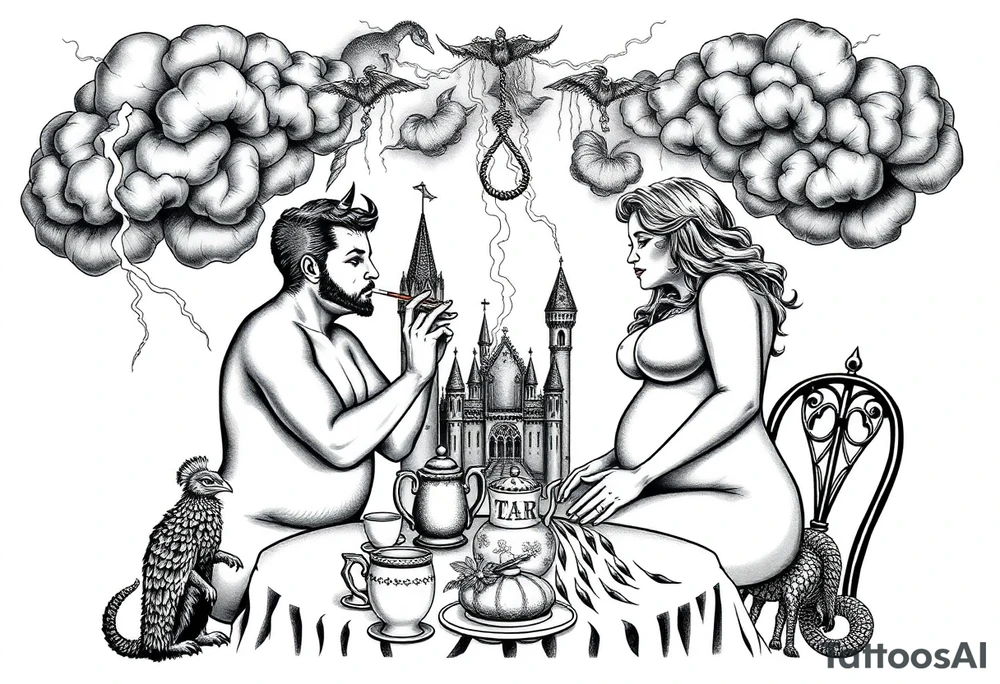 Naked Man and woman having sex Storm lightening clouds gothic sexy naked fat lady having a tea party with tea pot and medieval castle
with a pigglets, peacock, noose, lion, goat, smoking cigerettes looking in the mirror eating a cake thru storm clouds with razor blades and broken hearts and darkness and wrath, envy , gluttony, greed, sloth, pride kill tattoo idea