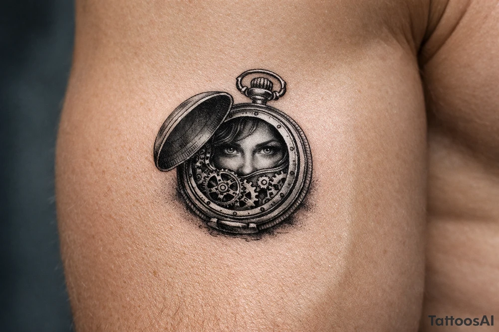 Victorian pocket watch, Margo's face peering from open lid, brass gears. tattoo idea