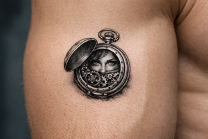 Victorian pocket watch, Margo's face peering from open lid, brass gears. tattoo idea