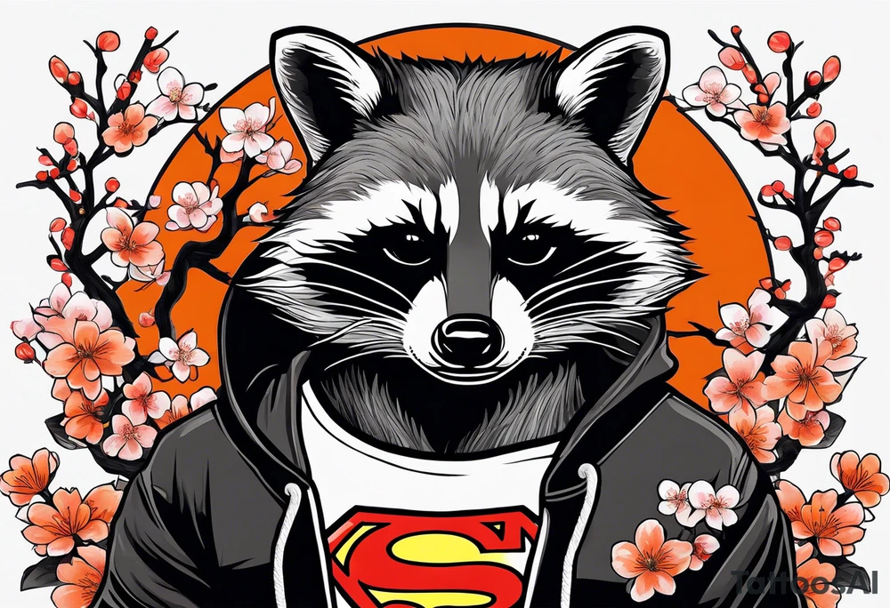 Raccoon wearing a white Superman logo on a black hoodie and orange Japanese cherry blossoms beside tattoo idea