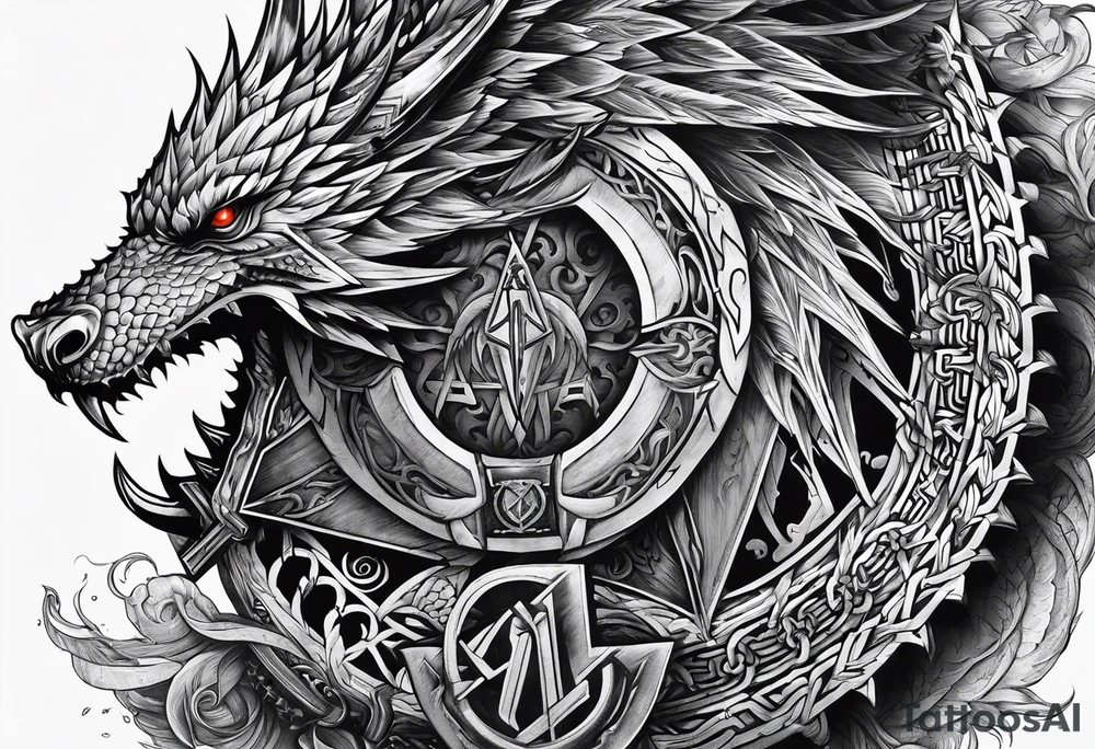 Valhalla sword shield dragon axe Valknut barbed wire chains tattoo idea