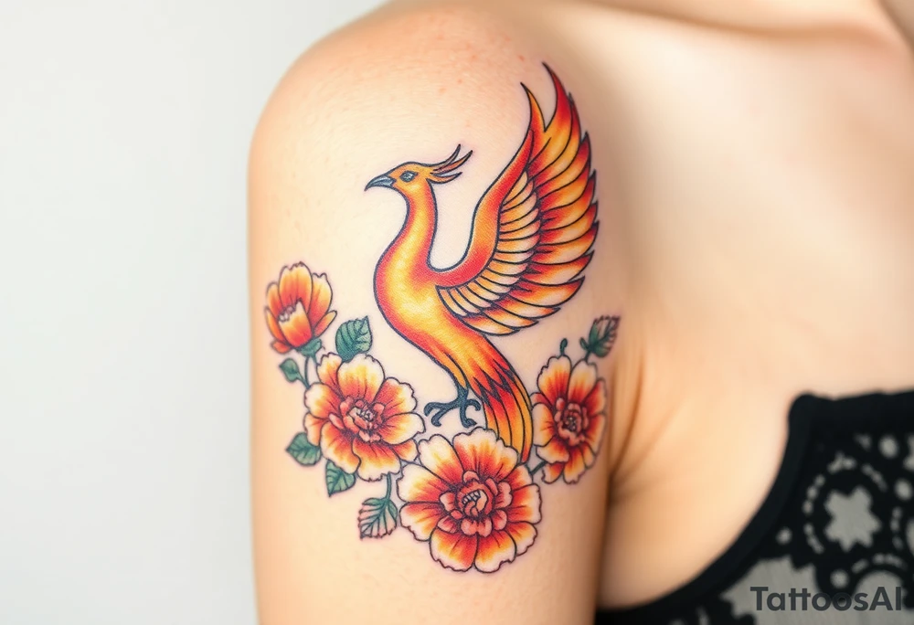 A pheonix rising out of fire surrounded by carnation flowers on the upper arm tattoo idea
