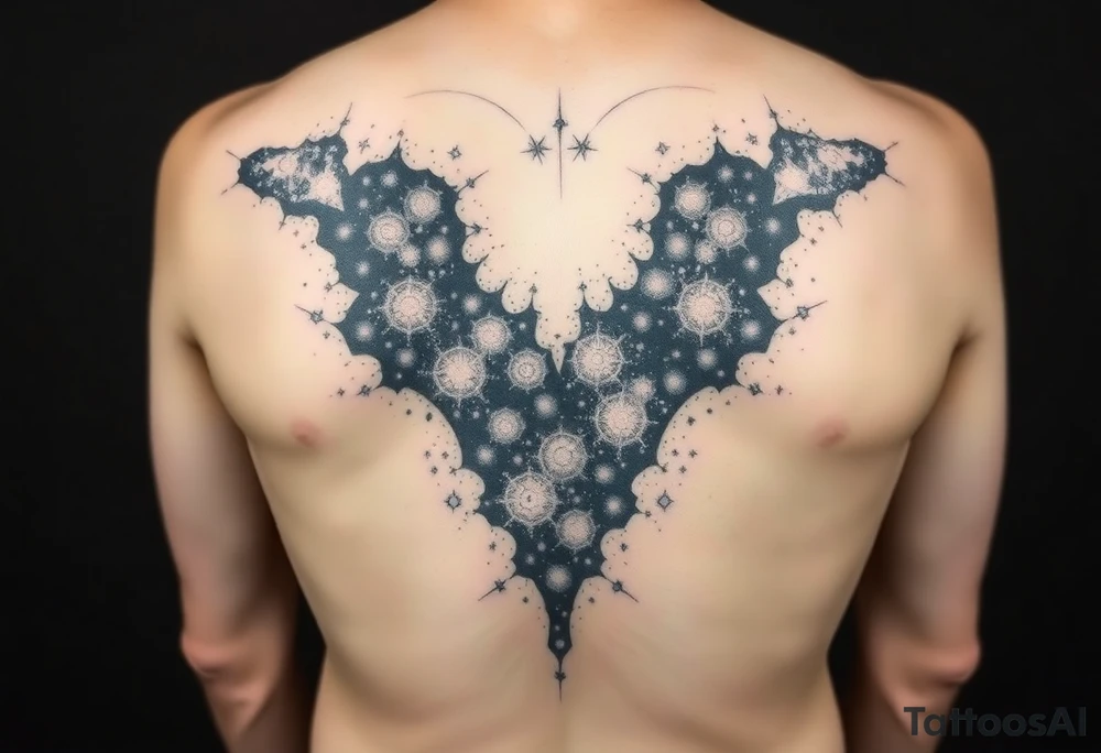 Beautiful and epic 3d milky way that appears to be what is beneath the skin. Make it drape over the shoulder and move to the middle back. use negative spaces to create stars and dust. Incorporate God breathing life into the universe. Keep it symmetrical tattoo idea