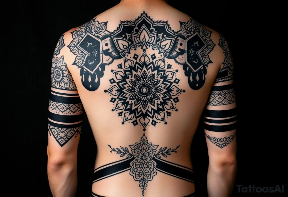 Blackwork geometric full body tattoo design on a male body, 
large-scale ornamental patterns, different geometric fill patterns 
in each body zone, massive black areas with fine geometric cutouts, 
central mandala on back, spiral black bands wrapping around thighs, 
dotwork floral star patterns alternating with 3D cube hexagon patterns, 
diagonal black dividing bands, organic transitions between zones, 
no horizontal stripes, no gradients, pure black ink on skin tone, 
high contrast, professional tattoo photography, dark studio background, 
photorealistic tattoo idea