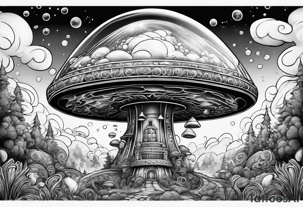 Psychedelic mushroom rocketship bursting out of bubble into spiritual realm tattoo idea