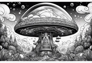 Psychedelic mushroom rocketship bursting out of bubble into spiritual realm tattoo idea