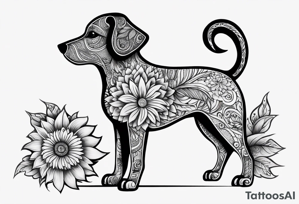 Alebrije dog with sunflowers tattoo idea