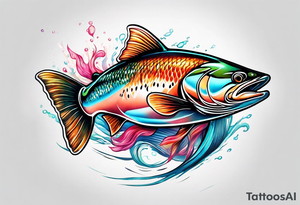 curved colorful salmon fish jumping into the air tattoo idea