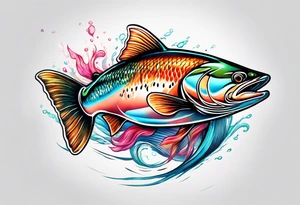 curved colorful salmon fish jumping into the air tattoo idea