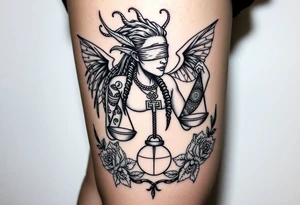 Sylph with dreads wearing blind fold and ankh pendant with tattoos holding weighing scales with the sun and moon rose vines surrounding and Anubis guarding tattoo idea