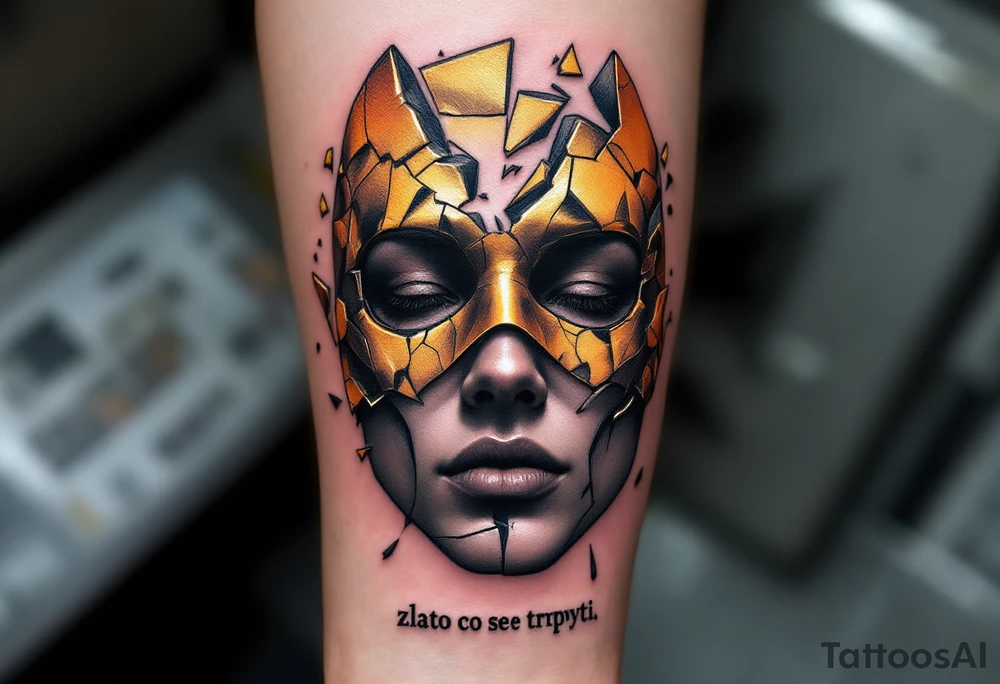 "Neni vsechno zlato, co se trpyti." — A shattered golden mask revealing a human face in grayscale beneath, with the quote in sleek black lettering along the jawline. tattoo idea