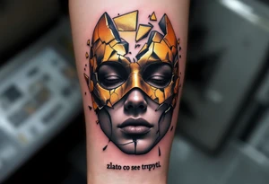 "Neni vsechno zlato, co se trpyti." — A shattered golden mask revealing a human face in grayscale beneath, with the quote in sleek black lettering along the jawline. tattoo idea
