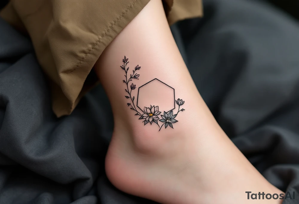 Leo symbol, larkspur and water lily surrounded by a hexagon tattoo idea