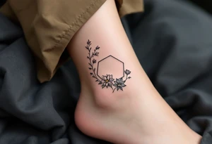 Leo symbol, larkspur and water lily surrounded by a hexagon tattoo idea