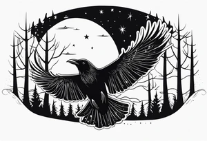 Raven diving, occult, mystical, knowing, light behind its eyes, ethereal, night sky and trees in the background tattoo idea