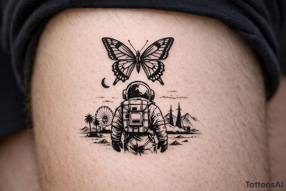 Coachella music festival, without the title of the festival, with astronaut, butterfly tattoo idea