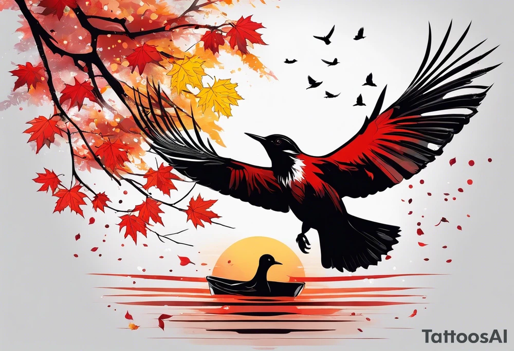 trash polka style. Arm tattoo. chest tattoo. Long tattoo. large tattoo. Full sleeve. Shoulder. A single large maple tree with red autumn leaves that branches upwards from wrist to shoulder. White-throated dipper bird on the trees branches. Calluna flowers at the base of the trees stem. Red/yellow sunset behind the trees stem. Leaves falling. tattoo idea