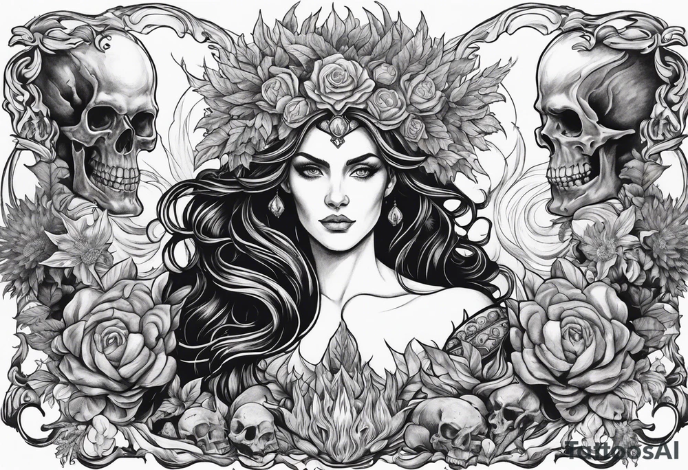 Hades and Persephone in Hell surrounded by skulls and fire tattoo idea