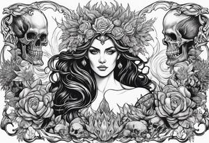 Hades and Persephone in Hell surrounded by skulls and fire tattoo idea
