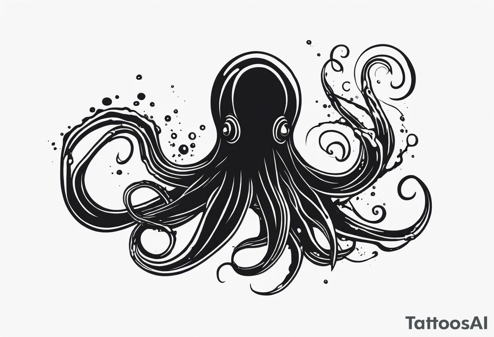 A visual representation of the horror squid concept, showing the squid becoming invisible in ink, its body turning black to blend in with its deep sea environment. The overall environment is dark, creating an eerie underwater atmosphere. tattoo idea
