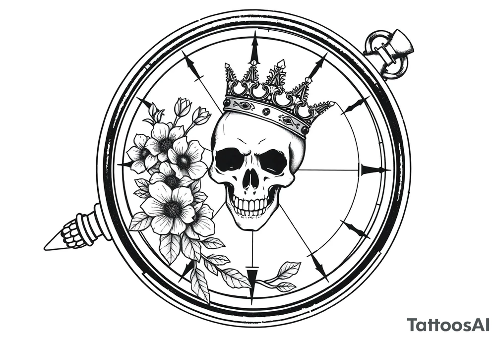 Compass with detailed beautiful gothic boho flowers on vine and skull with gorgeous crown tattoo idea