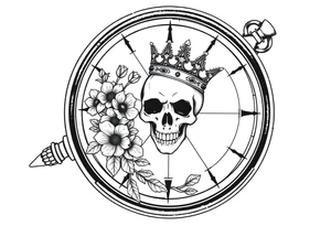 Compass with detailed beautiful gothic boho flowers on vine and skull with gorgeous crown tattoo idea