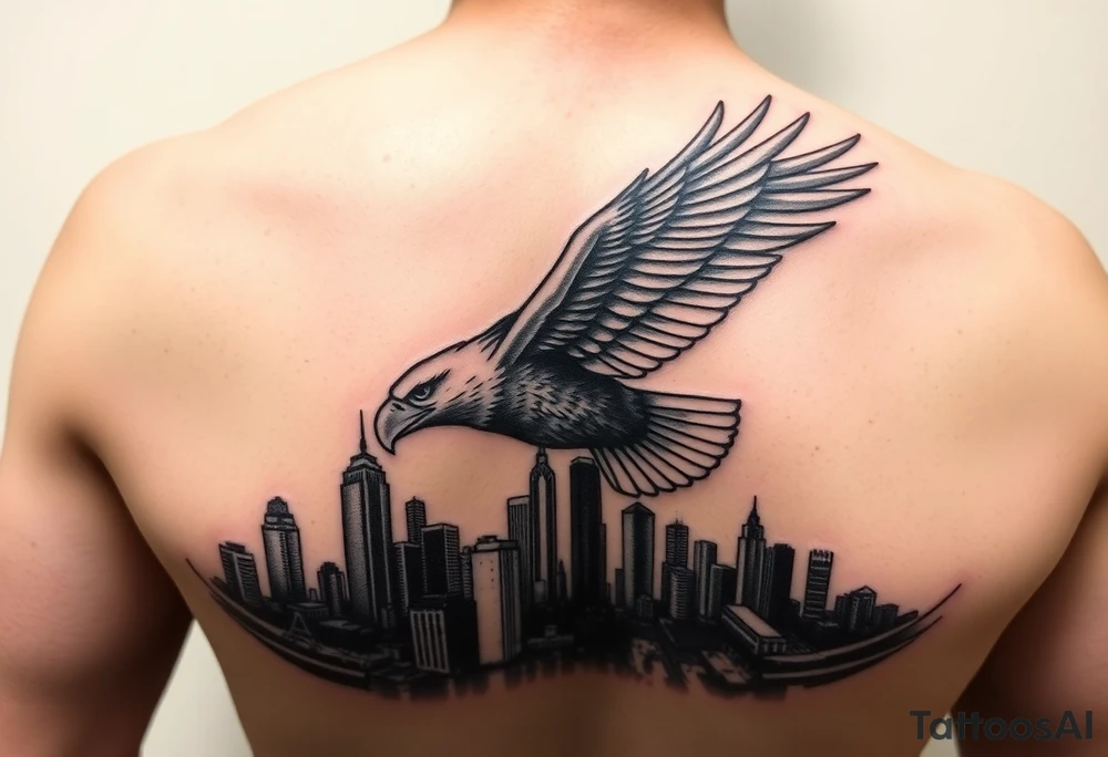 Philadelphia Eagle flying over Philadelphia city skyline faded with a Go Birds under it on arm tattoo idea