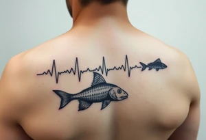 Design tattoo that goes from electrocardiogram life line to simple eagleray (fish) and back to electrocardiogram life line tattoo idea