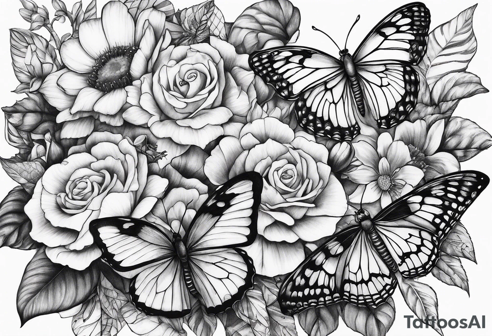 Butterflies with flowers & snake tattoo idea