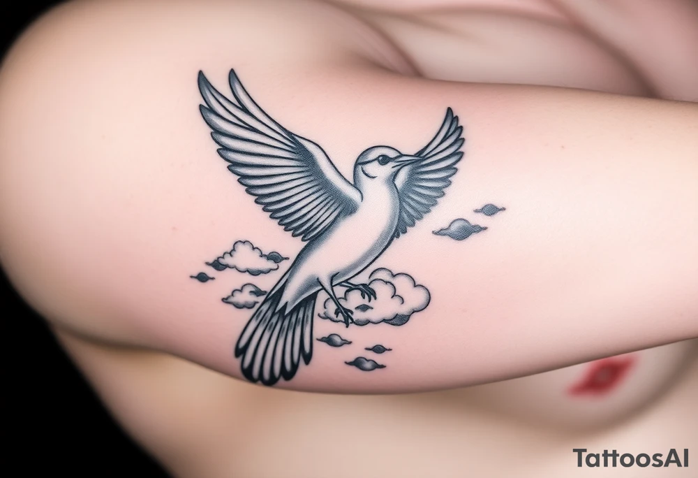 Dove and a blue jay, clouds, shining light to or from heaven tattoo idea