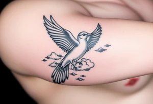 Dove and a blue jay, clouds, shining light to or from heaven tattoo idea
