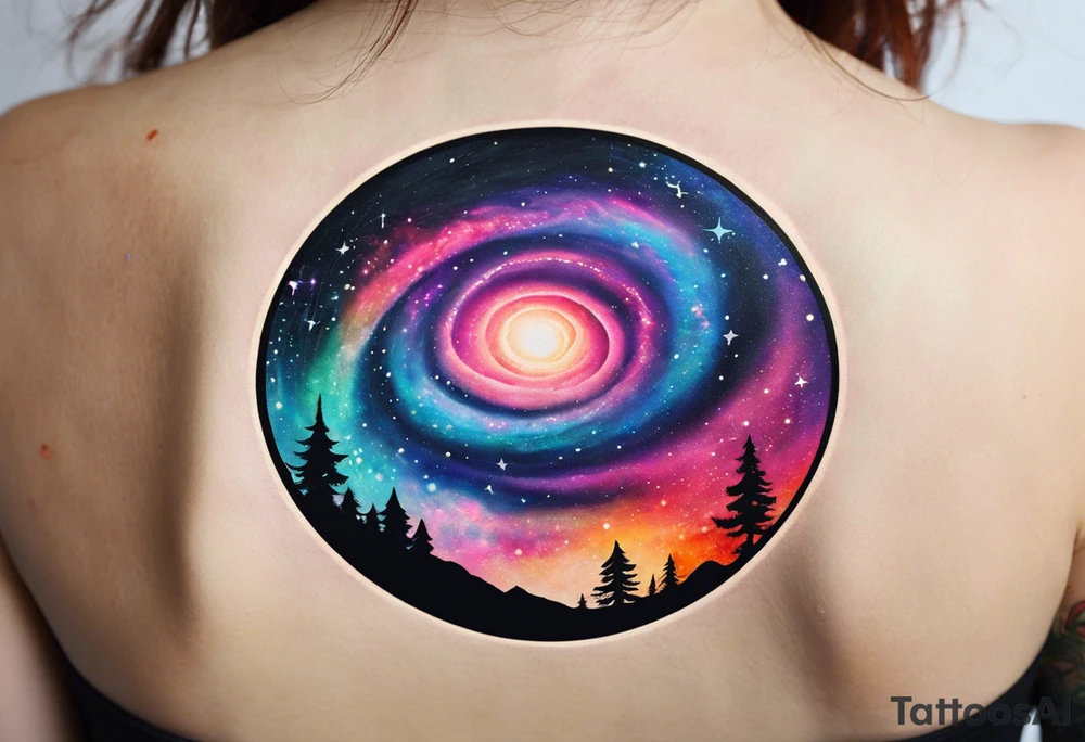I want a spiral nebula space galaxy tattoo that's colorful and bright and cute and is nice to look at I don't want a traditional circle I want it like the ones thay look like an s shape and this tattoo will be on my left buttcheek and light colors I want more spread and less circle tattoo idea