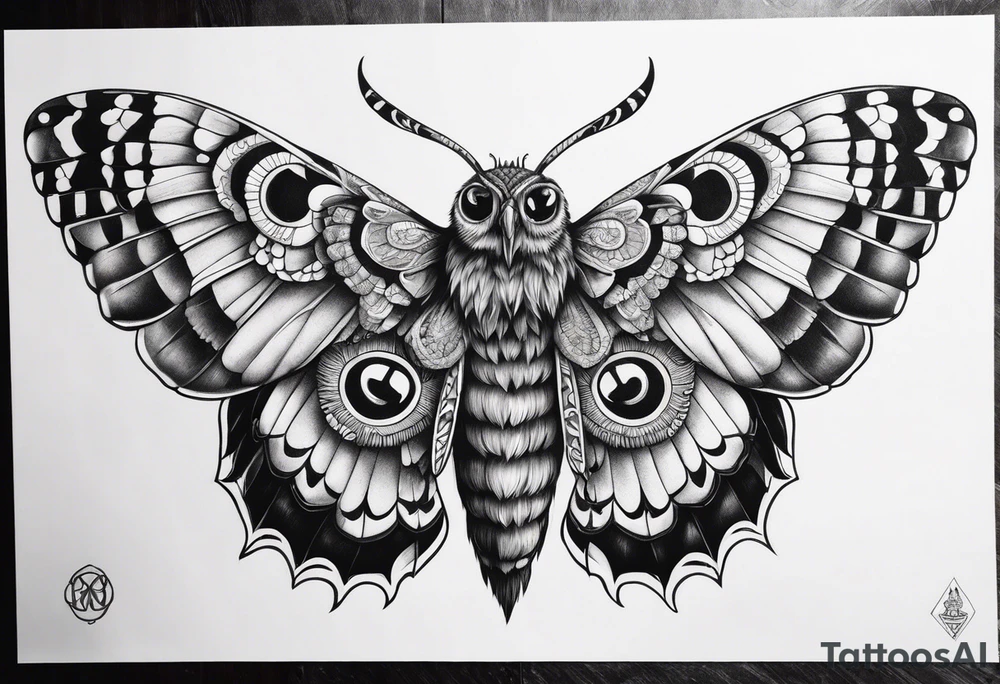 Dead head moth with long wings and owl eyes tattoo idea