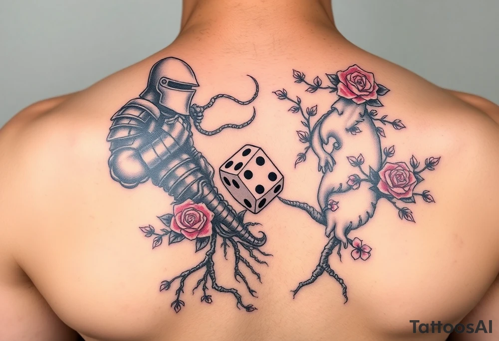 knight and squid intertwined with climbing roses and tree roots with cherry blossoms rolling dice tattoo idea