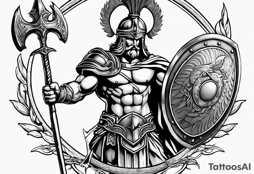 Ares greek God, holding his spear and shield tattoo idea