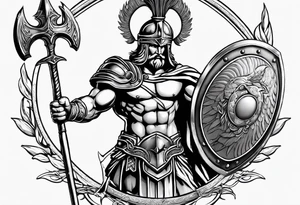 Ares greek God, holding his spear and shield tattoo idea