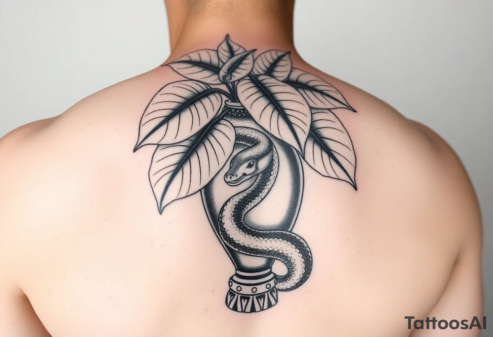 Large Decorative ornamental
 vase with large philodendron leaves with a snake wrapped around showing the head of the snake tattoo idea