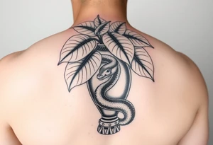 Large Decorative ornamental
 vase with large philodendron leaves with a snake wrapped around showing the head of the snake tattoo idea