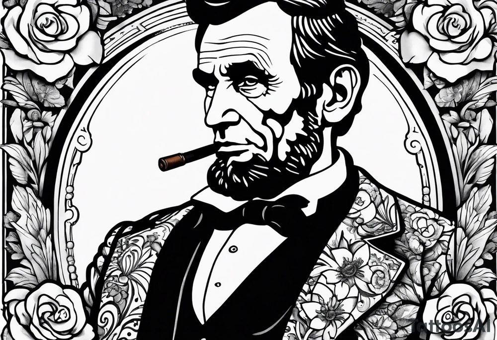 Abraham Lincoln smoking a cigar  in a flowered suit jacket holding a 90s boombox on his shoulder jamming out tattoo idea