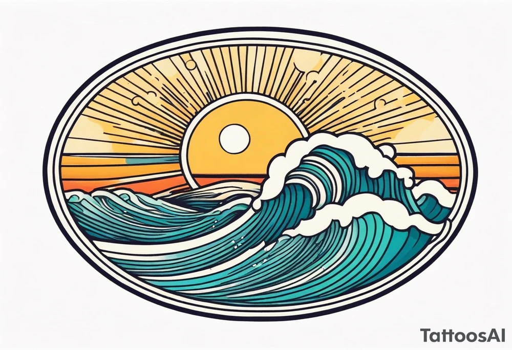 ocean waves with sun tattoo vintage traditional simple and bold colors tattoo idea