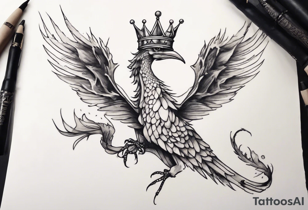 a bird-wyvern hybrid wearing a minimalist crown, flying tattoo idea