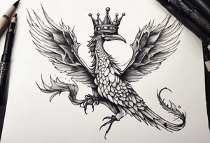 a bird-wyvern hybrid wearing a minimalist crown, flying tattoo idea