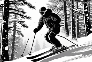 snow skier on mountain with large trees tattoo idea