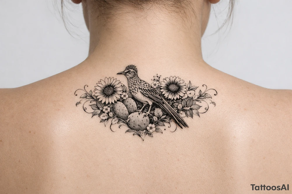 Wildflowers, sunflowers and Indian paint blanket flower with vines and cactus and realistic roadrunner drapes from shoulder to hand tattoo idea