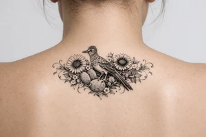 Wildflowers, sunflowers and Indian paint blanket flower with vines and cactus and realistic roadrunner drapes from shoulder to hand tattoo idea