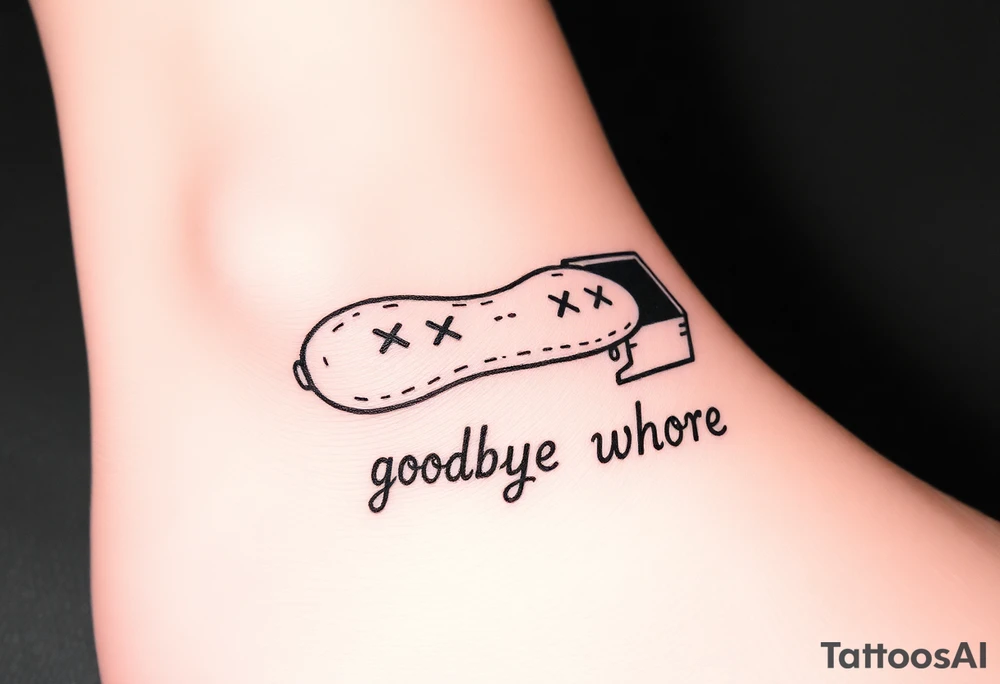 A peanut with x's for eyes laying in an open casket with the words goodbye whore tattoo idea