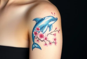 A dolphin intertwined with delicate cherry blossom branches, combining ocean and floral elements tattoo idea